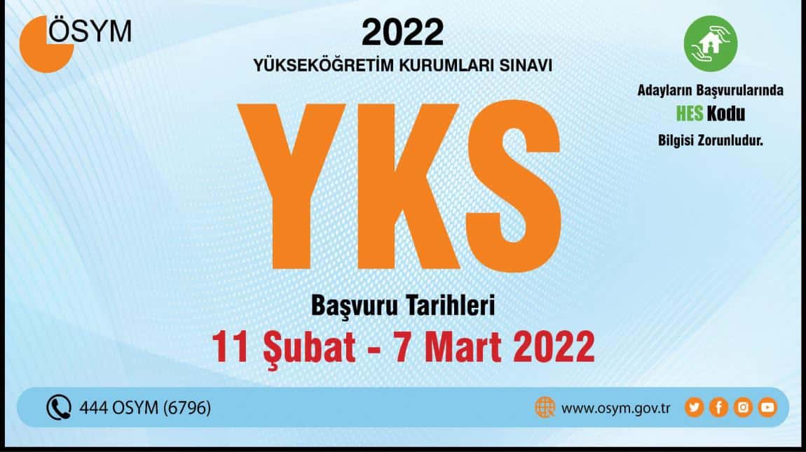 YKS başvuruları, 11 Şubat - 07 Mart 2022 tarihleri arasında yapılacaktır.